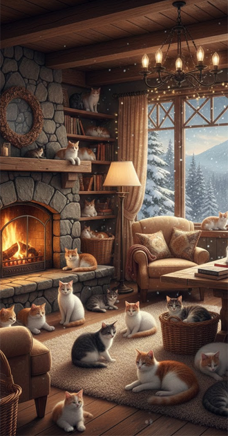 Cozy Cat Background - Winter Cottage